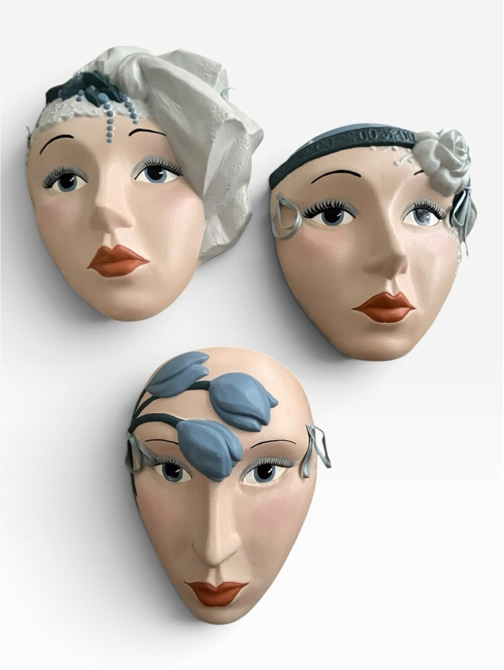 Vintage 1980s Art Deco Revival Ceramic Lady Face Wall Masks Trio Set of 3